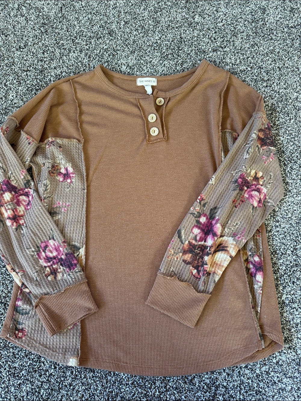 Waffle Knit Henley Top with Floral Long Sleeves - Brown